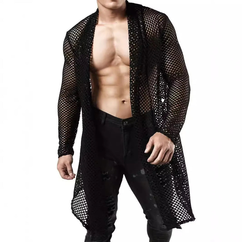 Black men's long-sleeve mesh cardigan with see-through hollow-out design, loose fit, sizes S to XXXL.