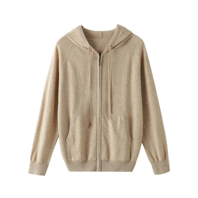 Men's hooded knitted cashmere cardigan zipper in solid colour regular fit long sleeve for work spring autumn