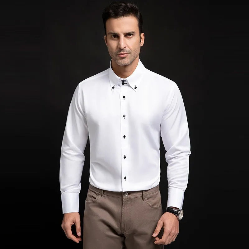Men's high-neck long sleeve slim fit polyester shirt with crystal buttons in white, black, navy, or wine
