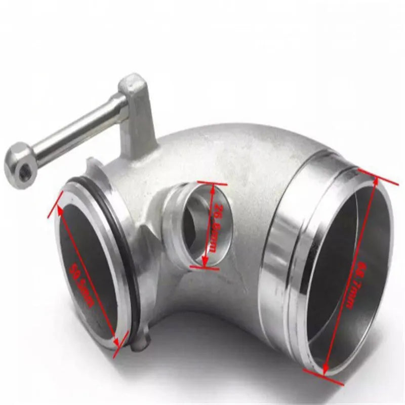 Aluminium alloy 90-degree turbocharger inlet elbow for lateral engine applications, colour as shown.