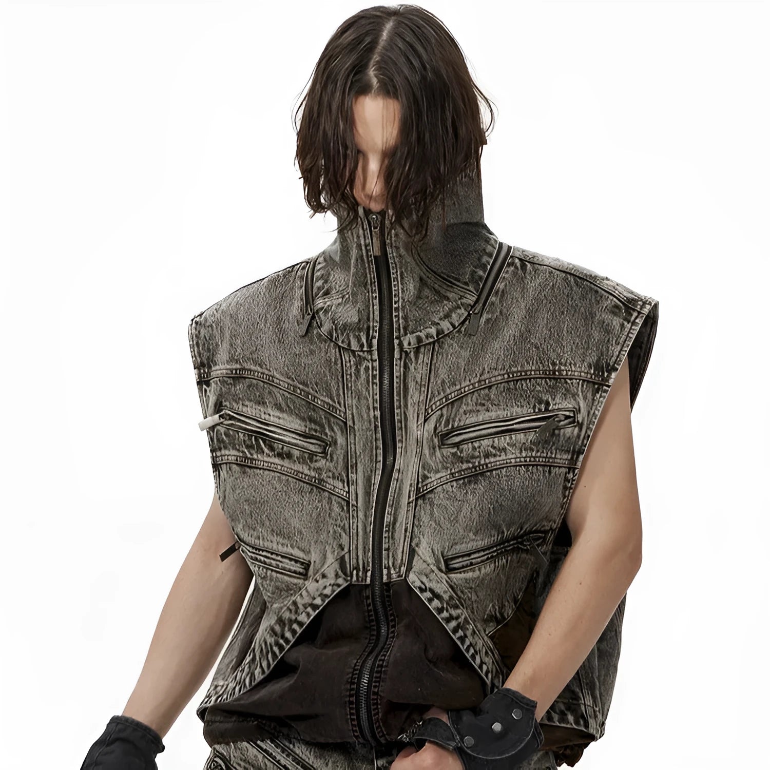 Men's denim vest with front zipper closure and sleeveless cotton construction
