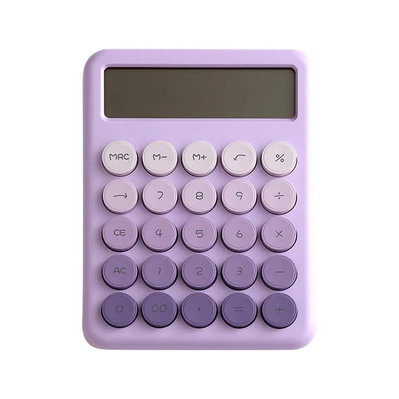 Gradient colour desk calculator in violet, cherry blossom pink, glacier blue, or mint green.