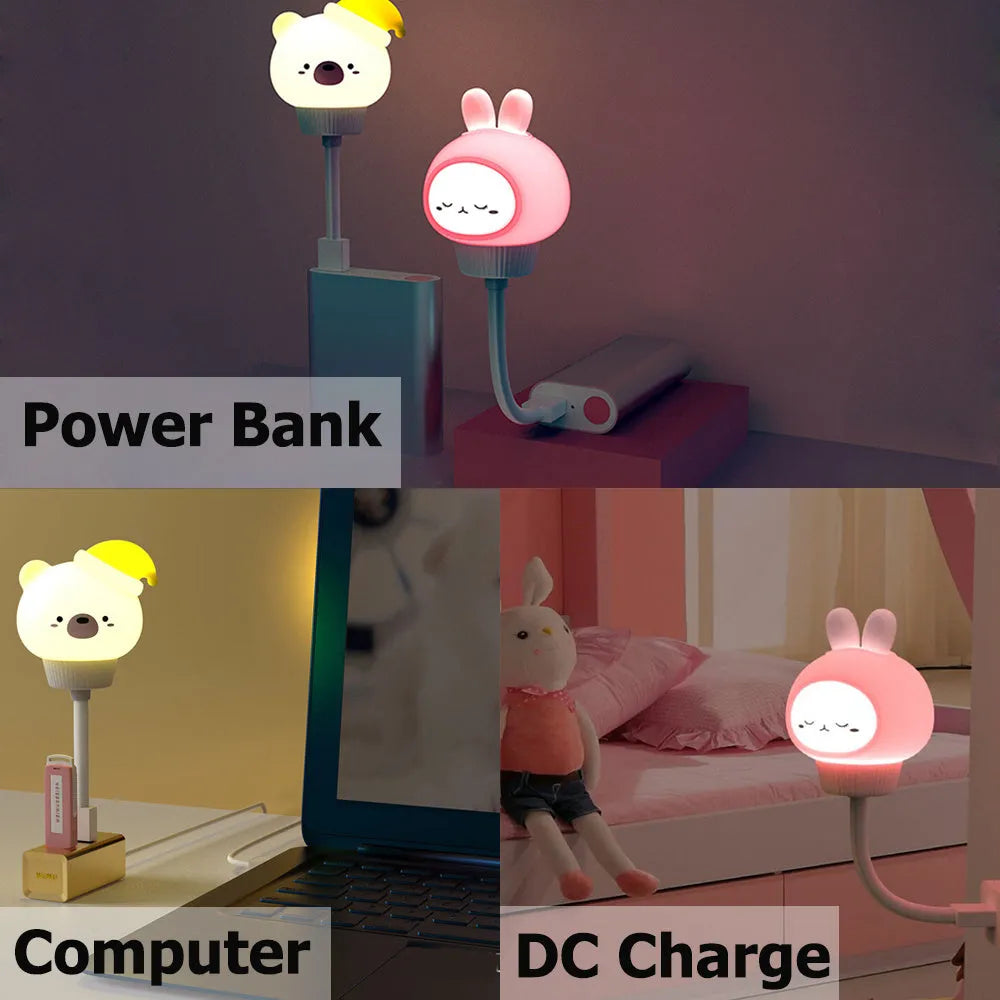 Cartoon animal-shaped USB LED night light in bear design with remote control.
