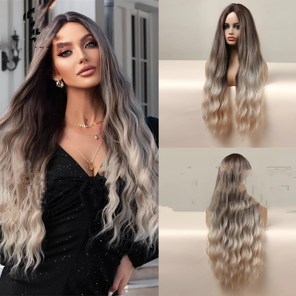 75cm medium brown gradient blonde curly wig on head form showing length and bangs