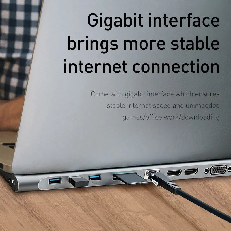 Grey aluminium alloy USB C docking station with ten ports and an integrated cooling bracket.