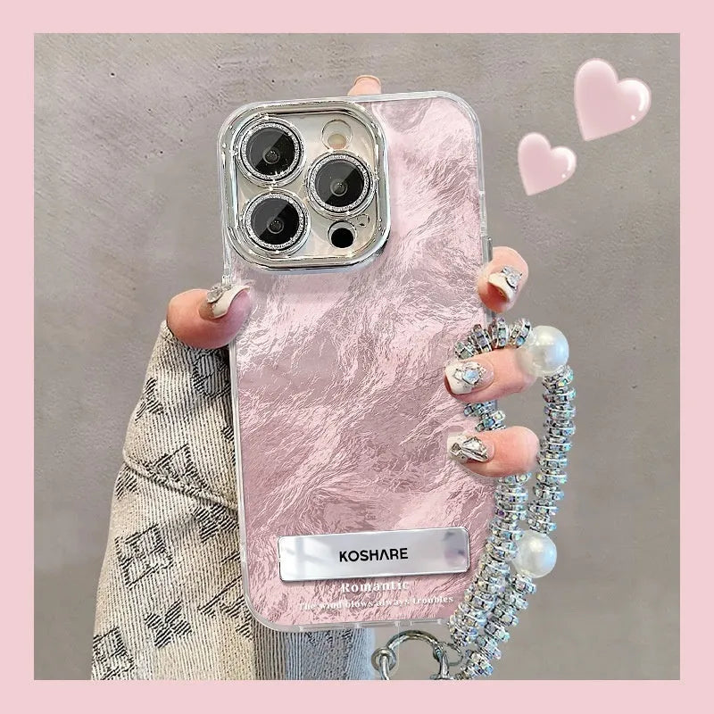 Ice blue and silver gradient hard PC iPhone case with chain and invisible bracket options