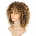 Long curly light gold high temperature silk wig with front lace hairline on a stand.