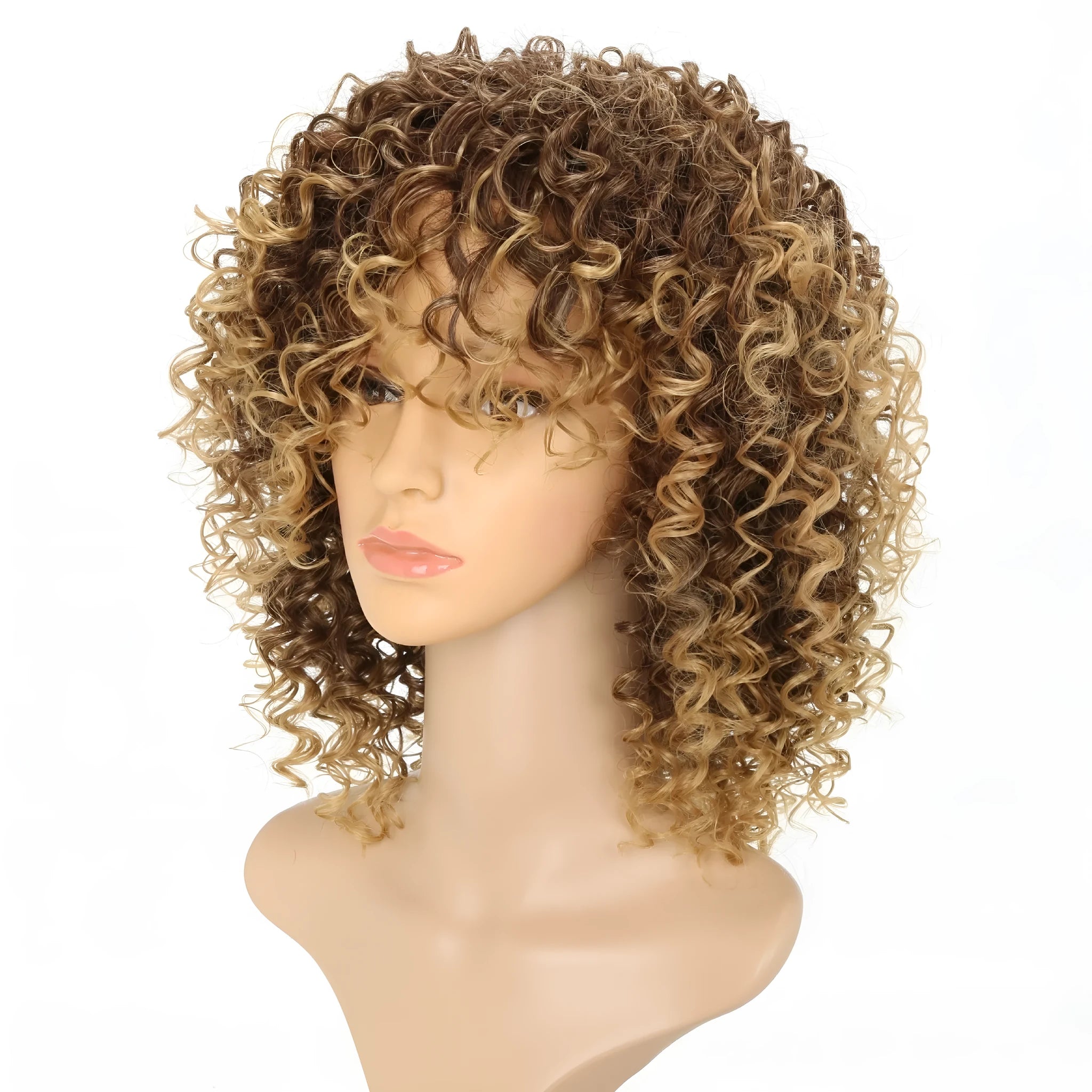 Long curly light gold high temperature silk wig with front lace hairline on a stand.
