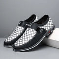Large size men's business casual shoes with grid pattern, round toe, cloth upper, sizes 39-50, Black, Red, and White