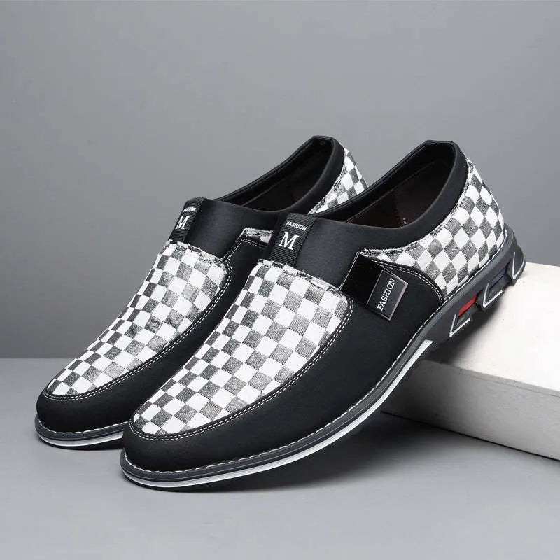 Large size men's business casual shoes with grid pattern, round toe, cloth upper, sizes 39-50, Black, Red, and White