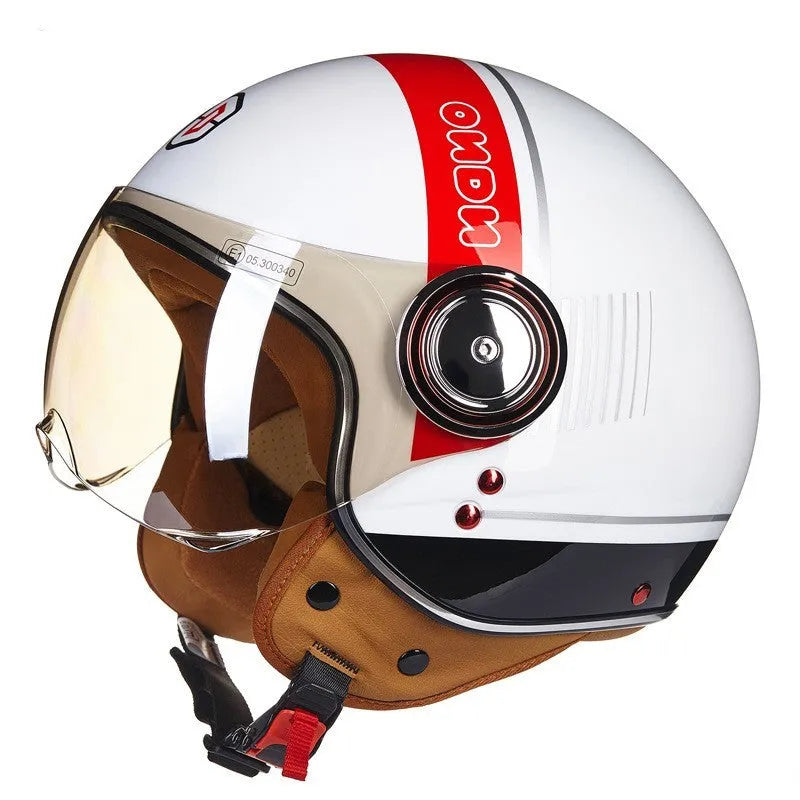 Retro-style half helmet for battery cars in bright blue and red colour combination showing ABS construction