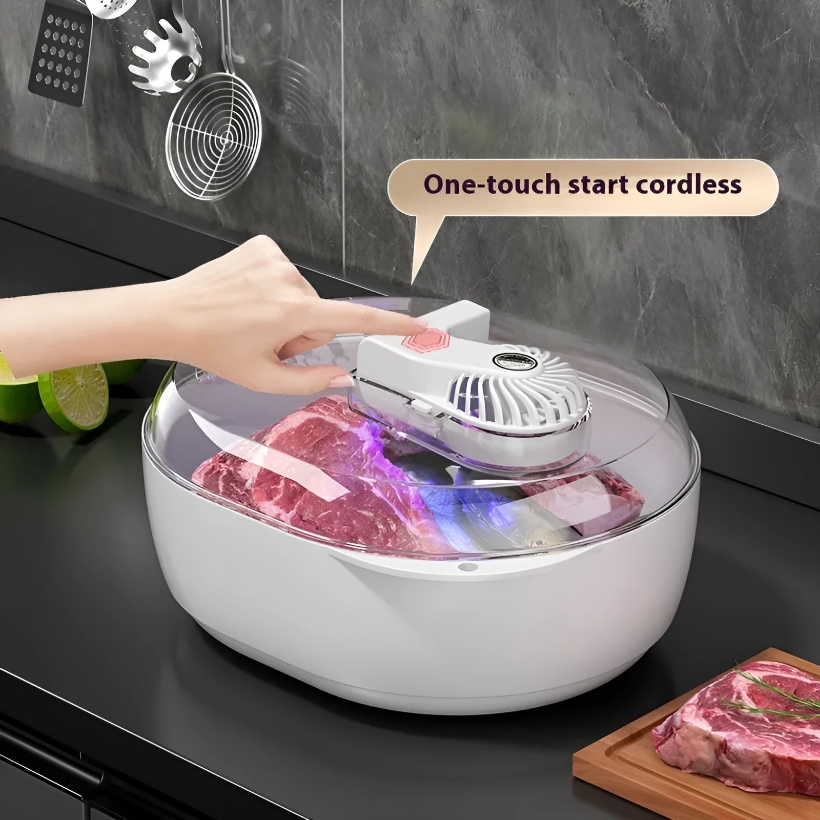 Modern aluminium kitchen defrosting plate on a countertop, shown next to frozen food.