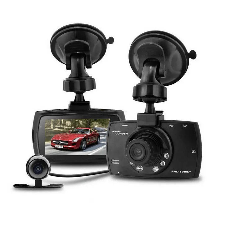 Car DVR dual camera system with front and rear recording and reversing display