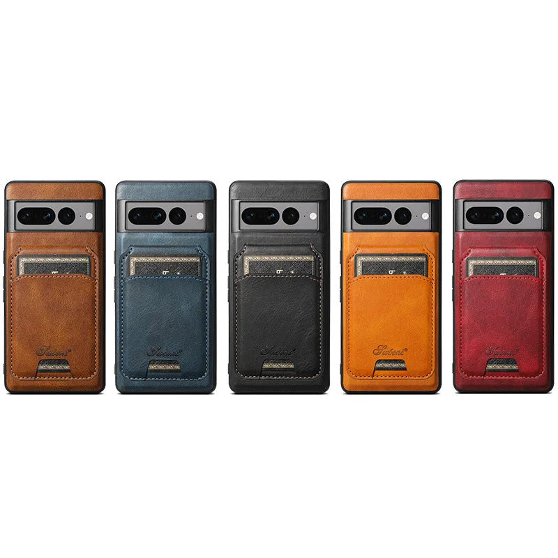 Handcrafted card-inserting magnetic phone case with stand in brown, back view showing card slot and magnetic closure, for Google Pixel 9 Pro XL