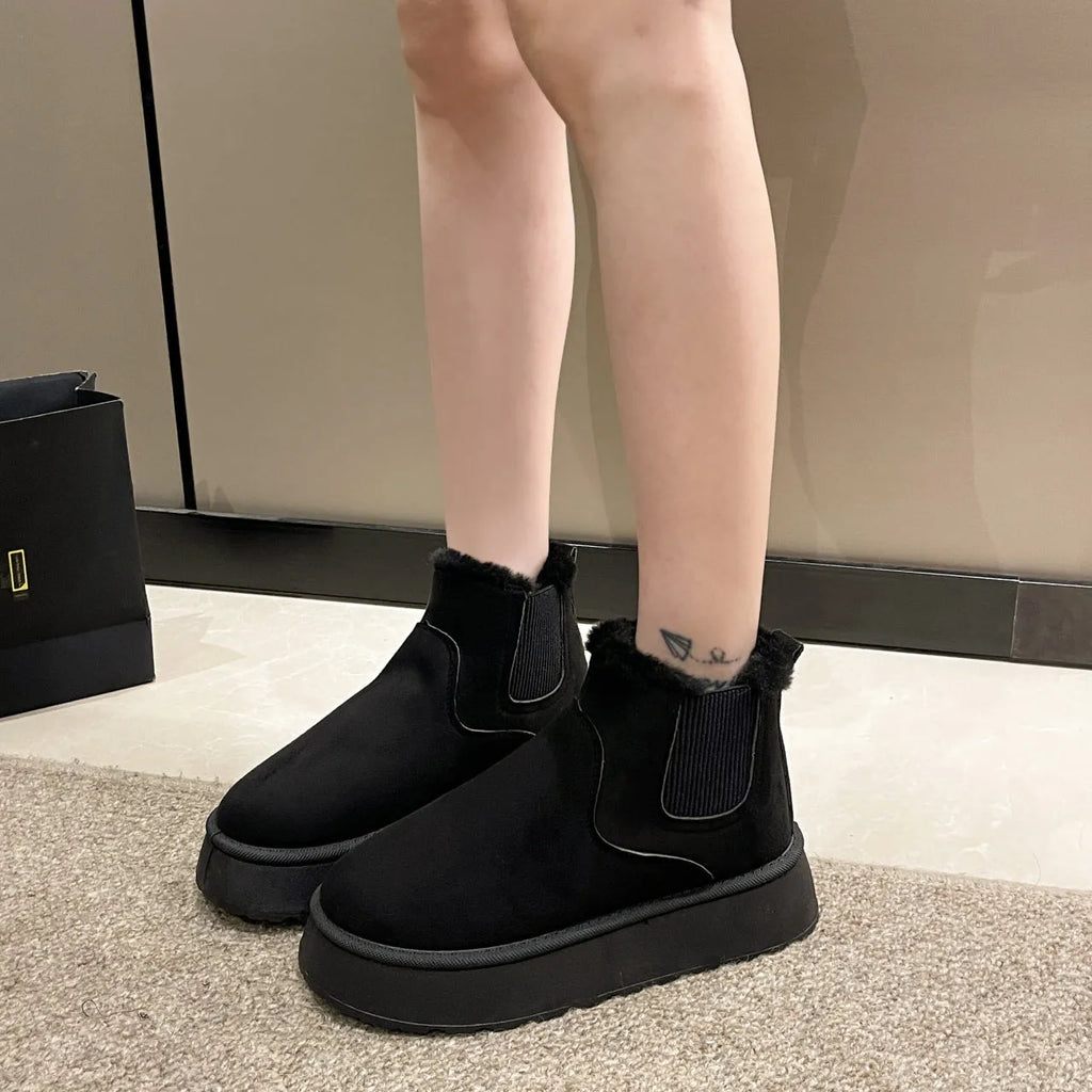 Women's plush snow boots in milky white with flat heel, round toe, faux PU upper, and short plush lining
