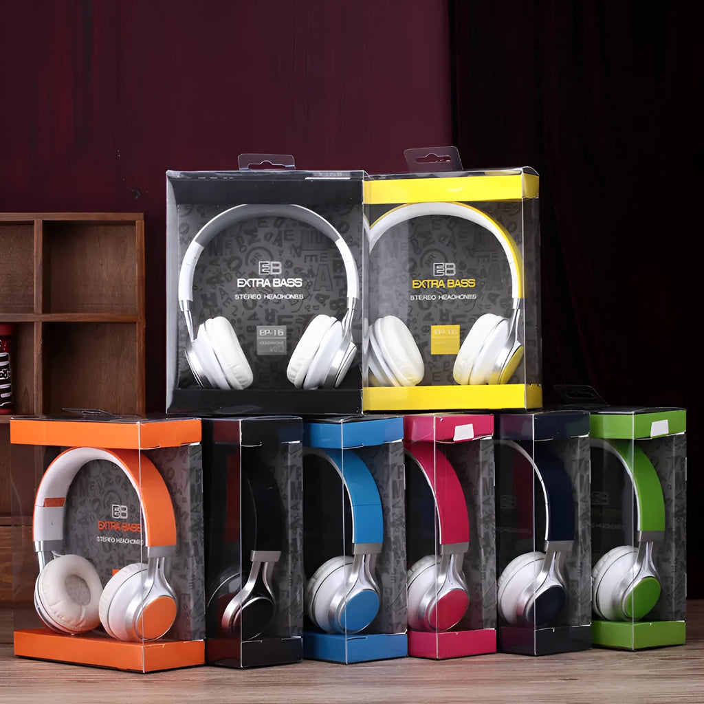 Wired head-mounted computer headset with heavy bass, microphone, and 3.5mm plug in multiple colours