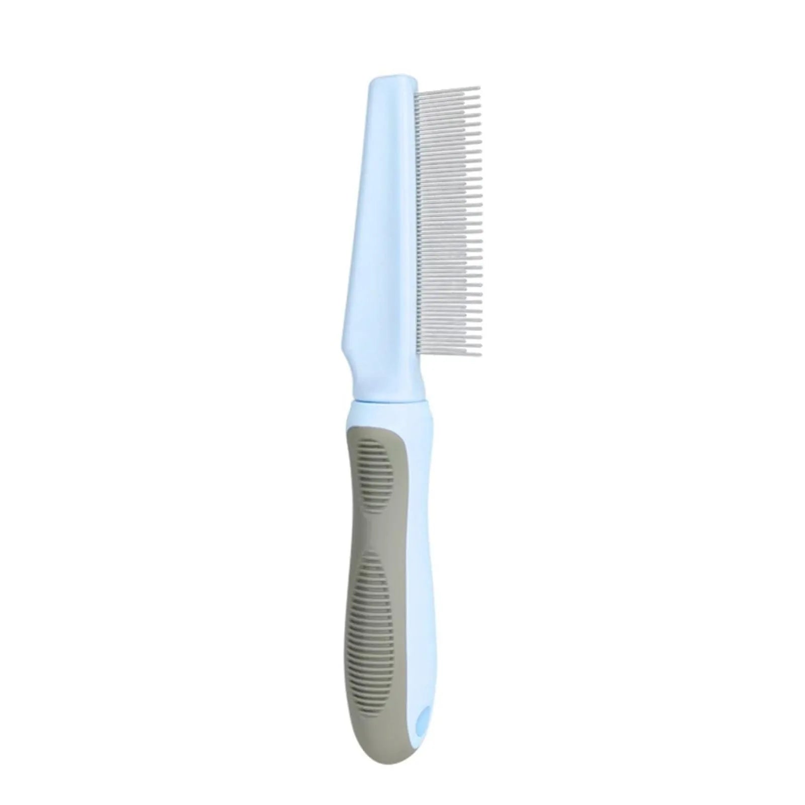 Pet grooming comb set showing three comb types with dense, high/low, and sparse needles on rubber handles