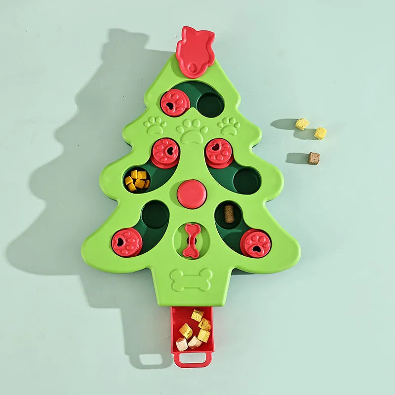 Green Christmas tree interactive dog puzzle slow food bowl with non-slip base on wood floor