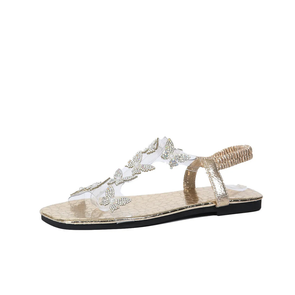 Women's butterfly rhinestone sandals square toe flat shoes in solid colour with PU upper and rubber sole