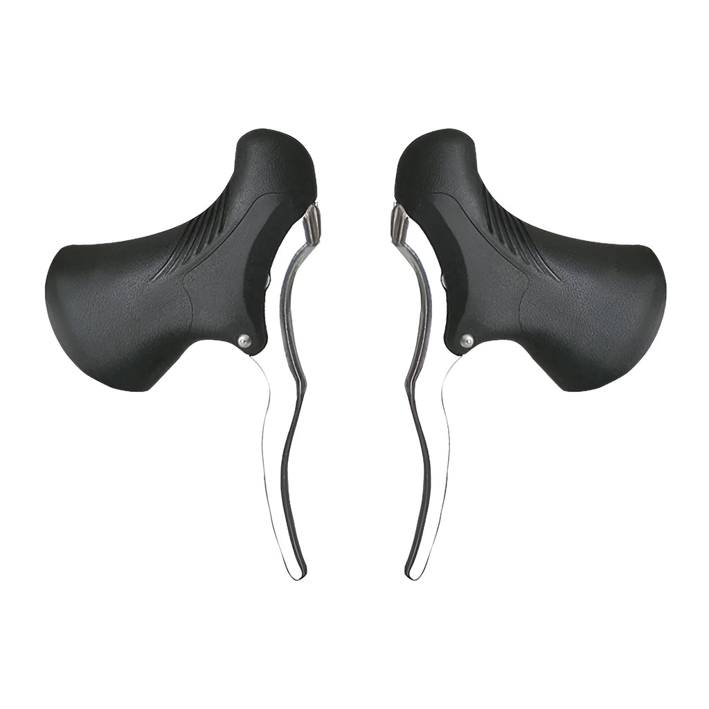 Pair of aluminium alloy road bicycle brake handles in black and black silver, showing clamp for handlebars.