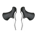 Pair of aluminium alloy road bicycle brake handles in black and black silver, showing clamp for handlebars.