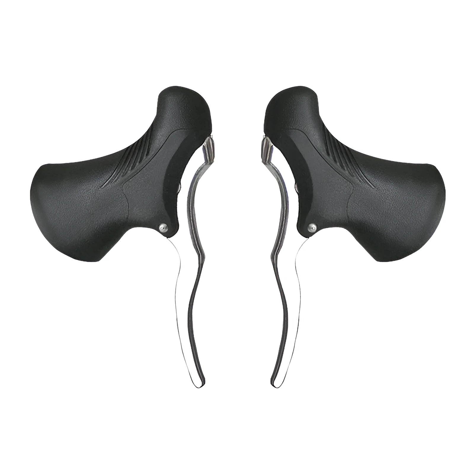 Pair of aluminium alloy road bicycle brake handles in black and black silver, showing clamp for handlebars.
