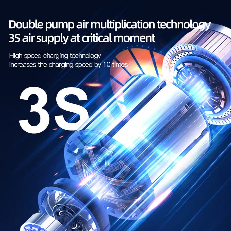 Black portable wireless vehicle air pump with digital display, 13cm hose, and accessories on a grey background