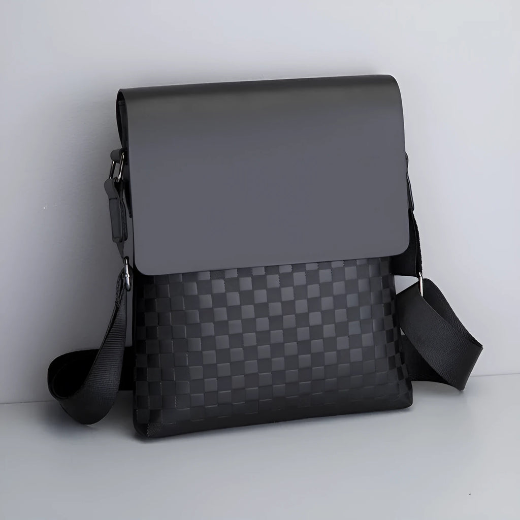 Men's crossbody PU leather messenger bag square vertical section plaid pattern black cover opening