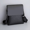 Men's crossbody PU leather messenger bag square vertical section plaid pattern black cover opening