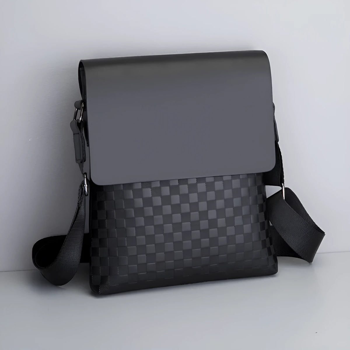 Men's crossbody PU leather messenger bag square vertical section plaid pattern black cover opening