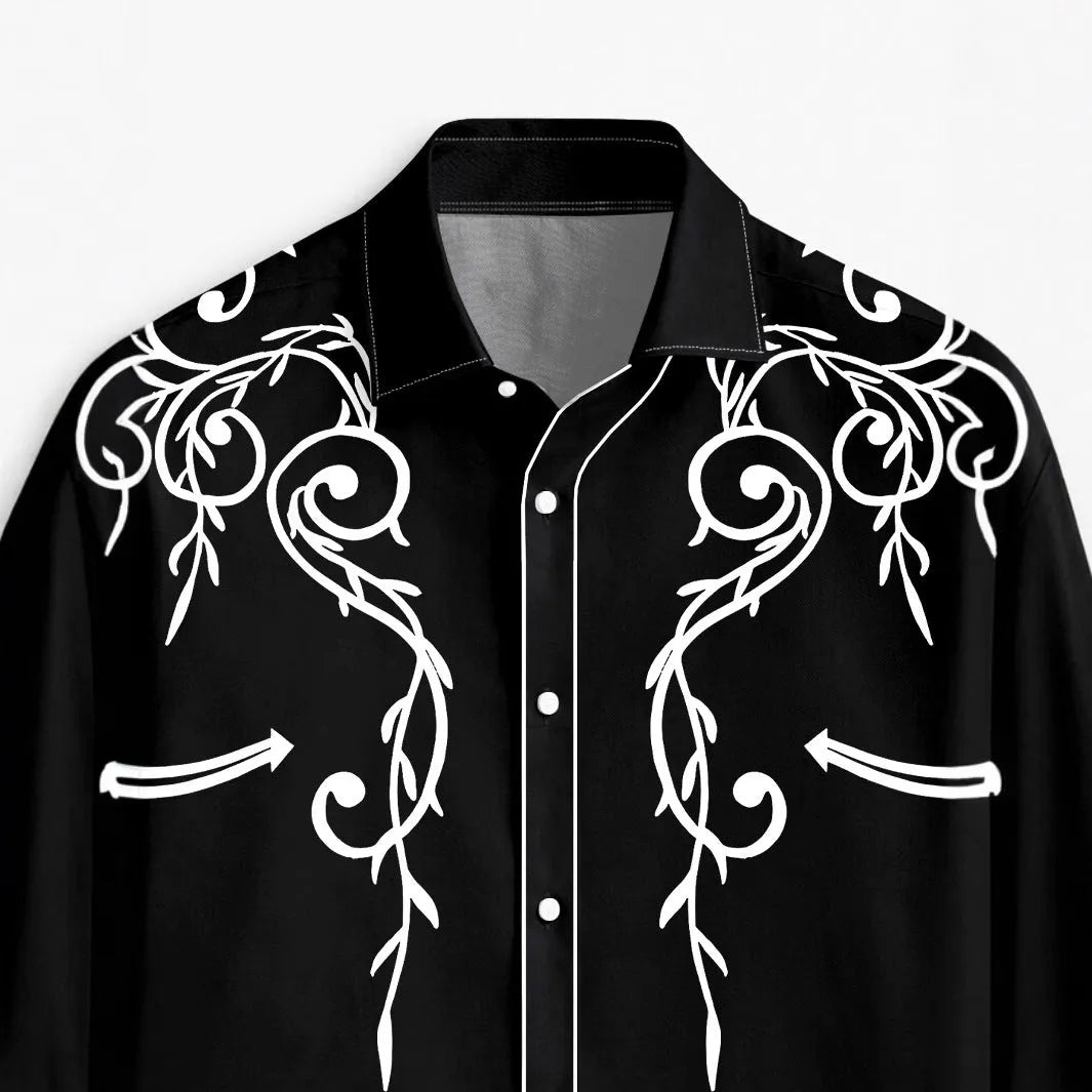 Men's long sleeve casual shirt in thin polyester with national-style digital print, loose cardigan fit, available in multiple colours