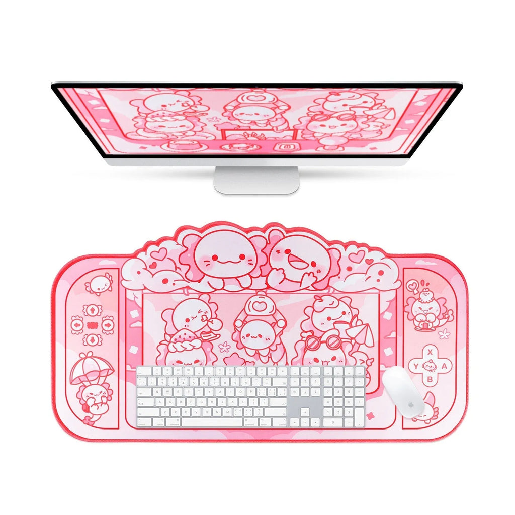 Large grey cloth mouse pad with cartoon anime hexagonal dragon crane machine print and a black wrist strap.
