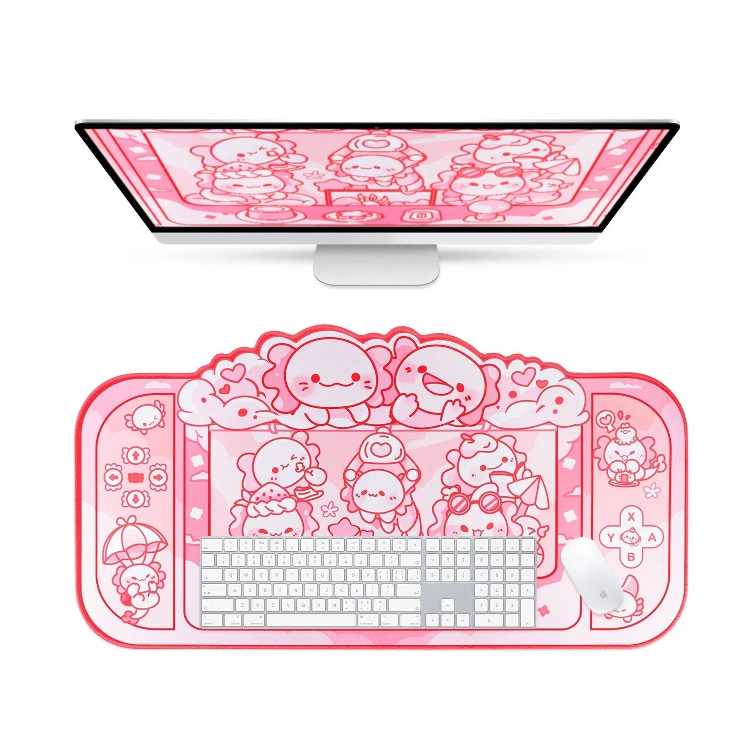 Large grey cloth mouse pad with cartoon anime hexagonal dragon crane machine print and a black wrist strap.