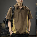 Men's brown half zip stand collar shirt made from ice silk fabric with short sleeves.