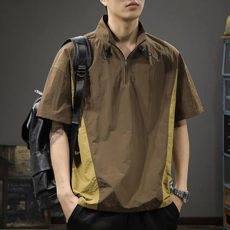 Men's brown half zip stand collar shirt made from ice silk fabric with short sleeves.