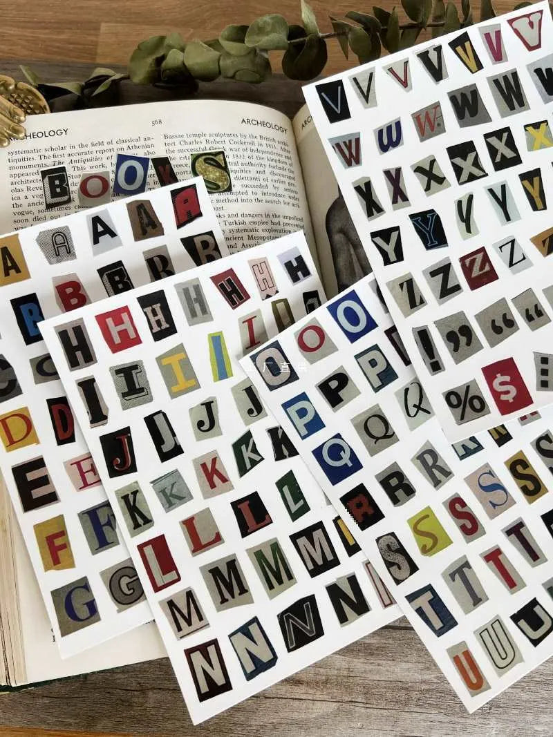Set of English letter and number stickers with weekly words in printed cute style for crafts