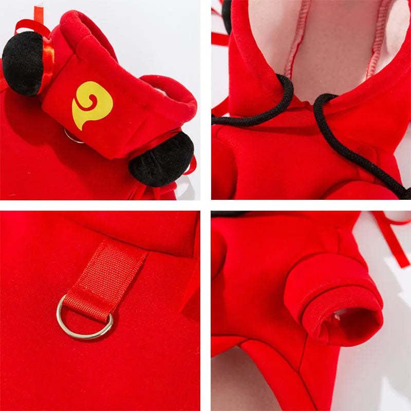 Pet hoodie costume for cats and dogs, Nezha style red or Obing style white, with themed decorations, warm soft fabric