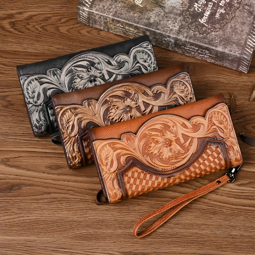 Chinese style brown embossed floral tri-fold women's wallet made from first layer cowhide, shown open and closed.