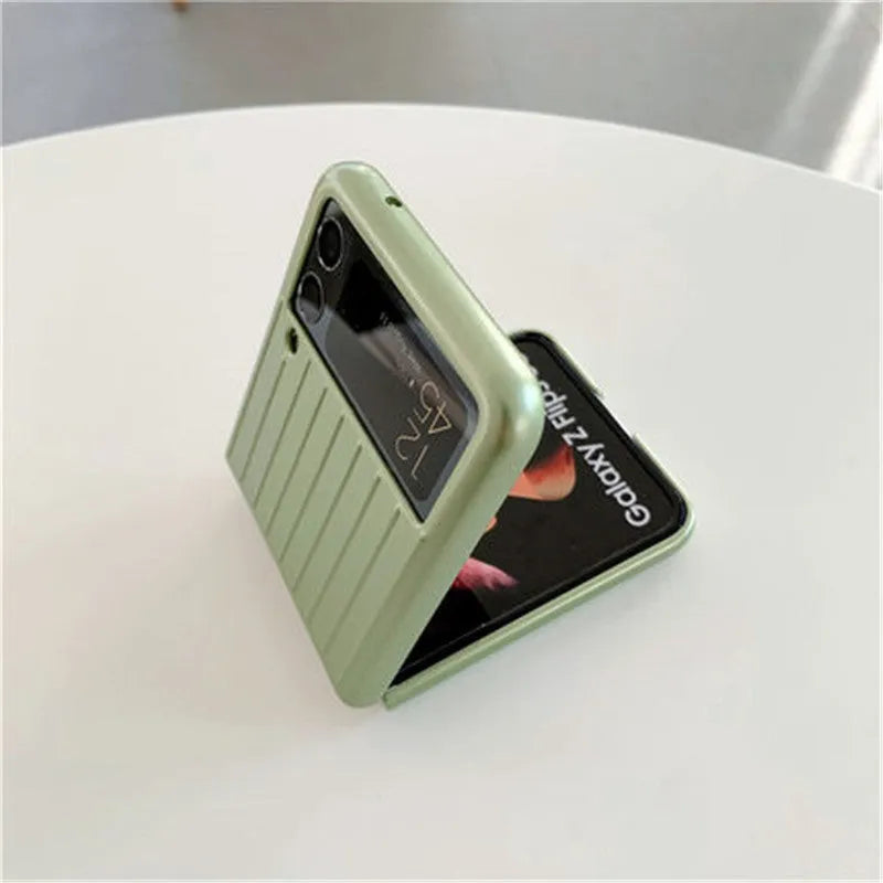 Samsung Z Flip3 flip phone case in solid colours including black, red, gold, and sky blue.