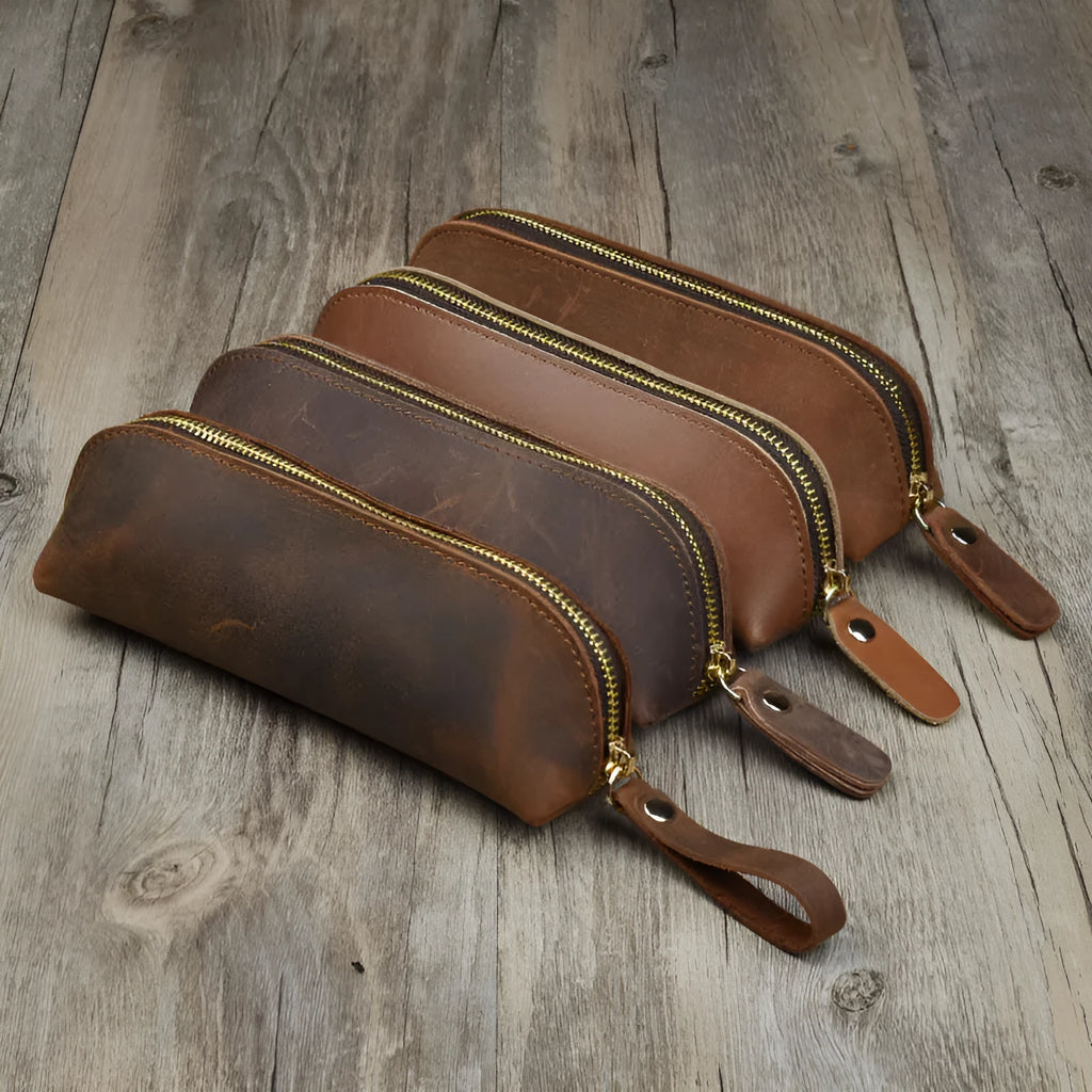 Square handmade genuine cowhide leather pencil case with zipper in black, brown, dark brown, or yellow.