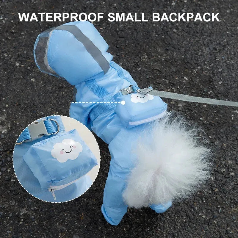 Blue pet dog raincoat with full body and four leg coverage on a small dog