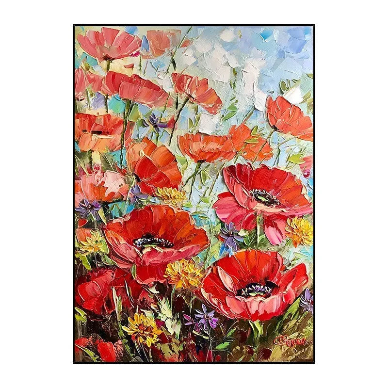 Handmade thick oil red flowers modern canvas wall art unframed