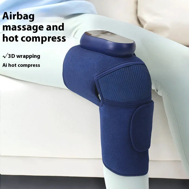 Blue single airbag self-heating knee massager with vibration and compression functions.