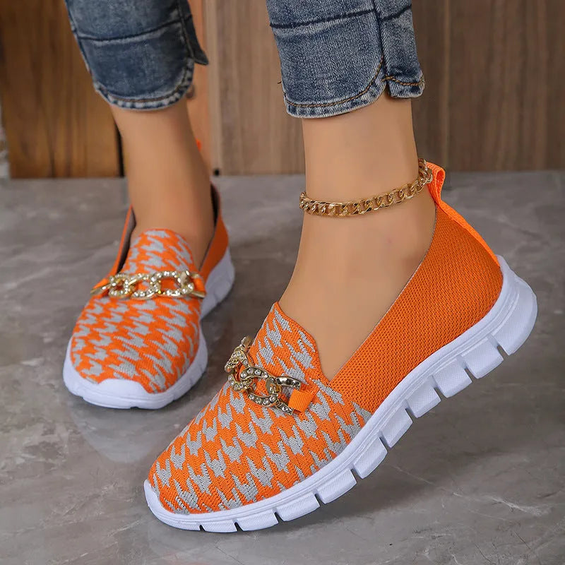 Casual houndstooth print chain mesh shoes for women, low heel, round toe, rubber sole
