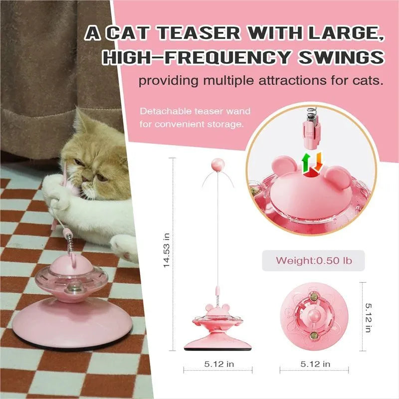 Cat teaser wand with suction cup spring toy in three colours: pink, purple, yellow, measuring 13x13x36 cm