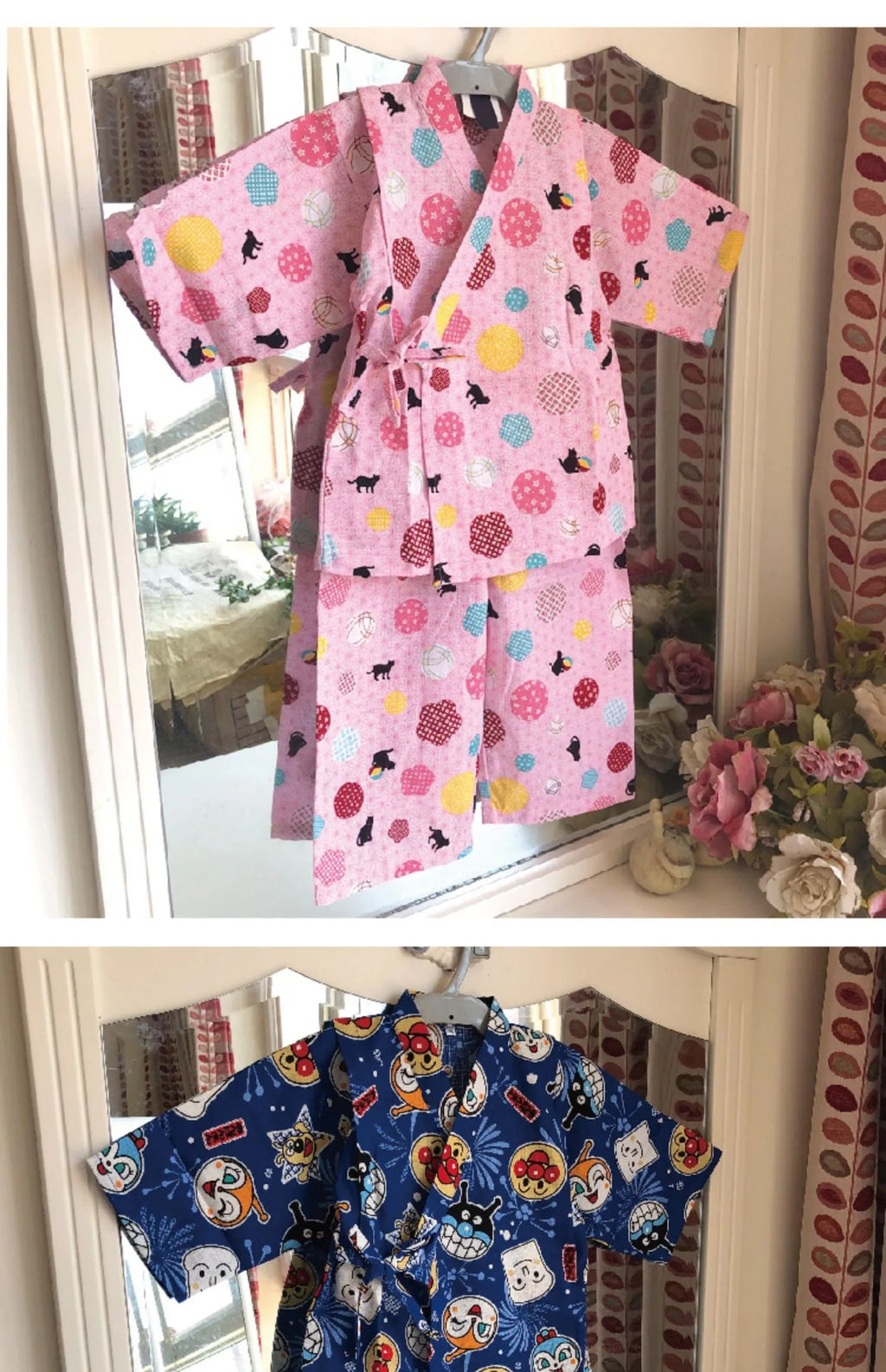 Girls' cartoon printed cotton pajamas suit in pink floral ball cat design with long sleeves, available in sizes 90-140cm