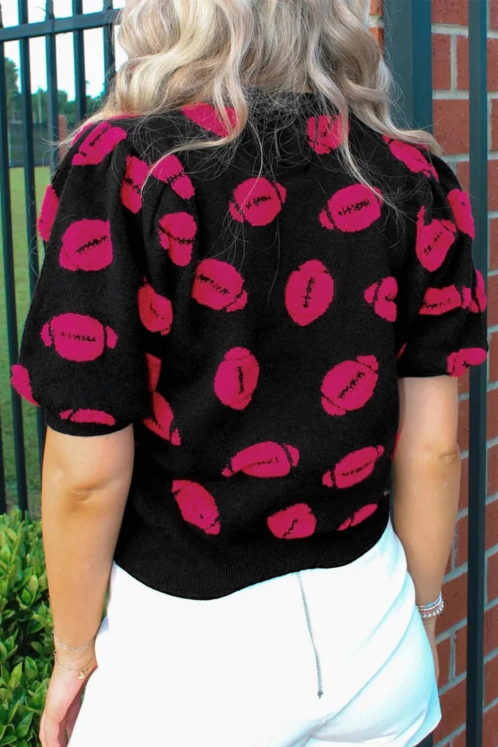 Women's high-grade printed casual knitted short sleeve top in black, slim fit, size S to XL.