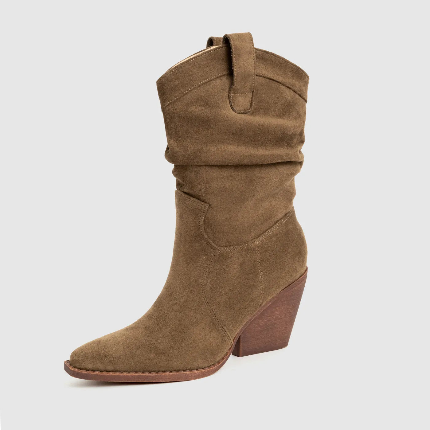 Women's thick heel ankle boots in brown with belt buckle detail and pointed toe