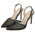 Women's black open toe high heel sandals with French lace design and microfiber upper