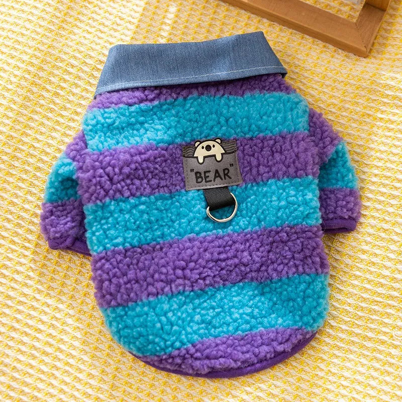 Thick warm winter sweater with leash hole for small dog or cat, striped lamb wool denim, available in black blue and pink